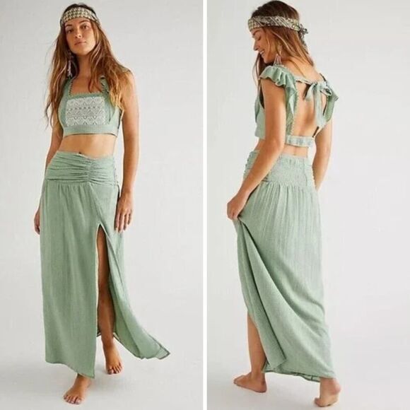 Free People - Light Green - Full Length Maxi Linen Skirt - Elastic Waist - - Picture 3 of 13
